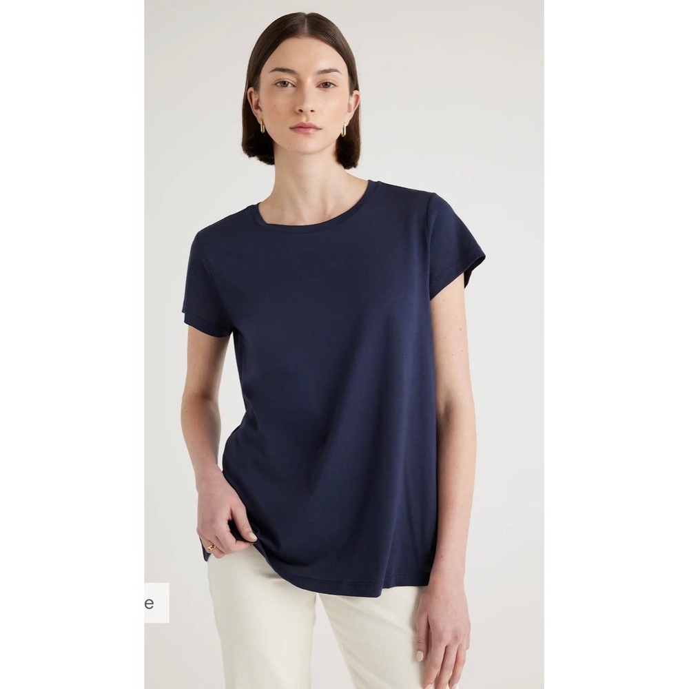 Quince Cotton Modal Crew Neck Swing Tee Navy Blue Short Sleeve Top Size L